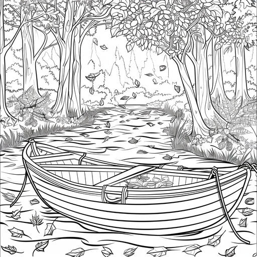 A leaf boat sailing on a stream. Coloring book page