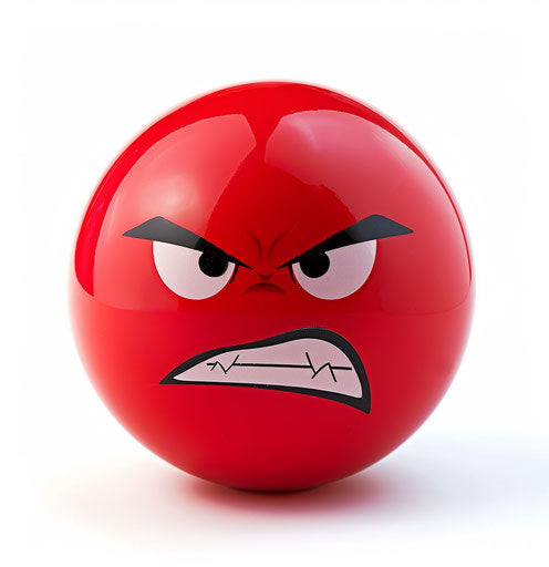 Red angry ball with a red angry face on white background