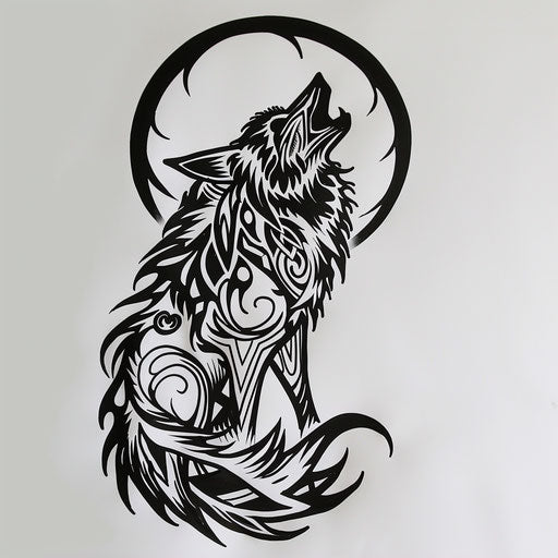 Tribal wolf howling at moon hunting tattoo design