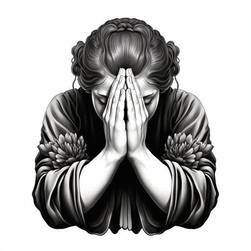Black and white praying hands sticker, in the style of naïve drawing