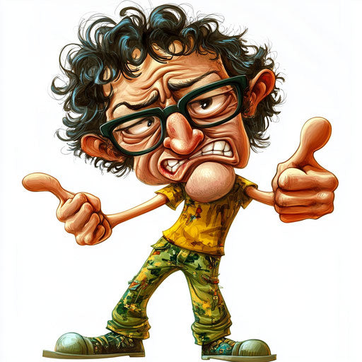 Humorous caricature of an artist clipart with human characteristics, exaggerated wide mouth, thin legs, magical atmosphere, vibrant colors, cartoon style, thumbs down, high resolution, no background, isolated