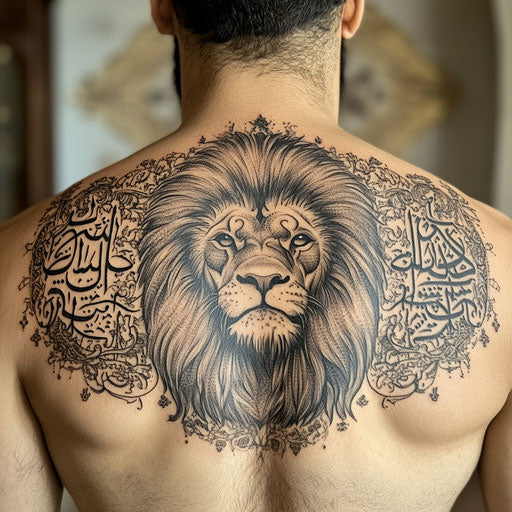 Arabic tattoo with lion head surrounded by script on shoulder blade in Steve Sack style