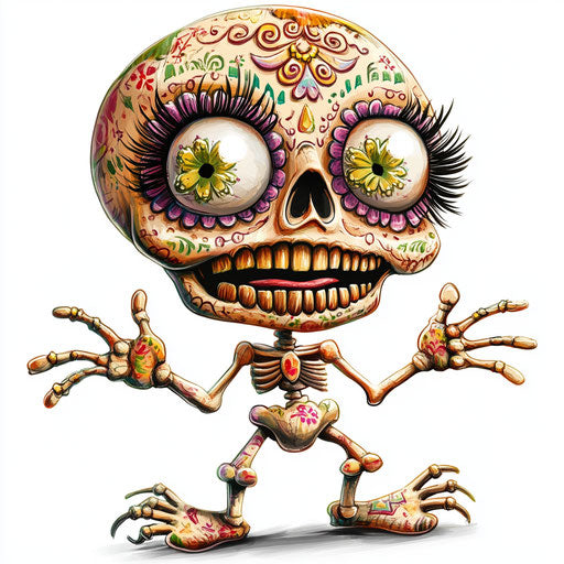 Humorous caricature of a sugar skull with human characteristics