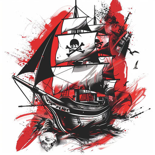 Dynamic tattoo sketch of the Jolly Roger waving on a flag with a ship in the background, in bold reds and blacks