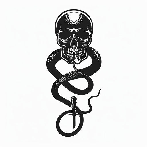 Minimalistic flat tattoo sketch - black serpent entwined around skull