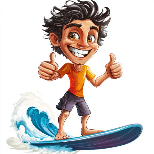 Humorous caricature of a surfing caricature clipart with human characteristics, exaggerated big eyes, small feet, whimsical mood, vibrant colors, cartoon style, thumbs up, high-resolution, no background, isolated