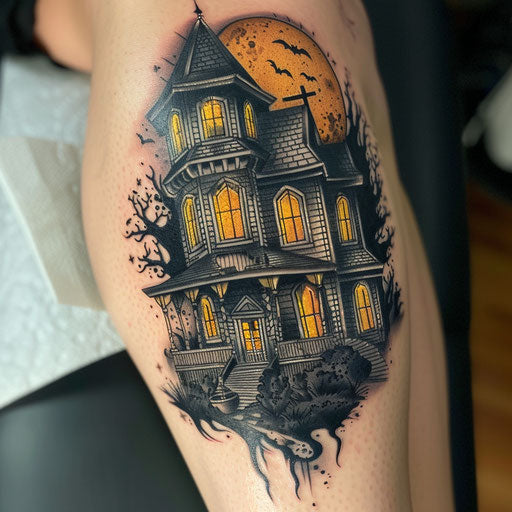 Creepy haunted house tattoo with full moon background