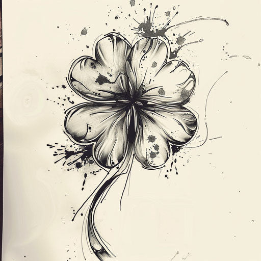 Dynamic tattoo sketch of a clover with abstract splatter effects