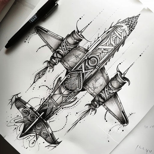Nordic inspired tattoo sketch of a viking longship styled airplane