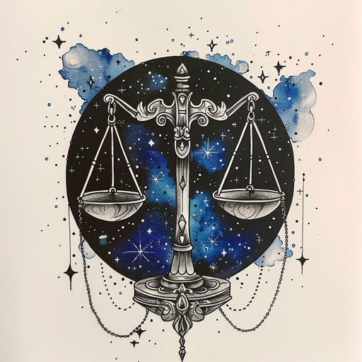 Flat tattoo sketch of Libra scales, against starry silver and blue background
