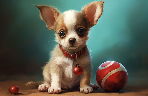 Small brown and white chihuahua puppy holding a toy