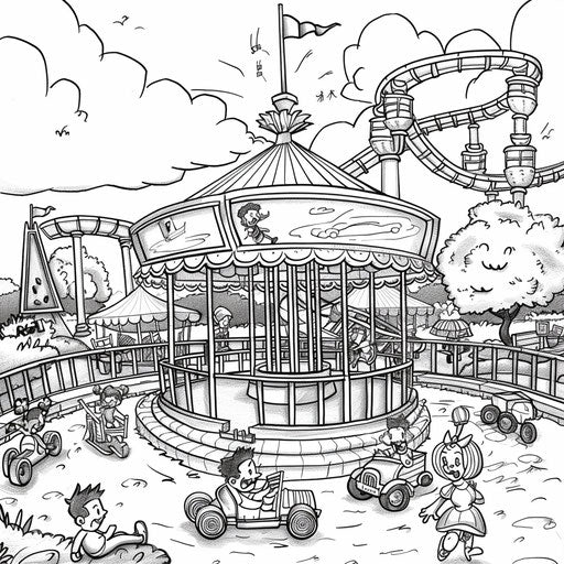 Cartoon characters in an amusement park