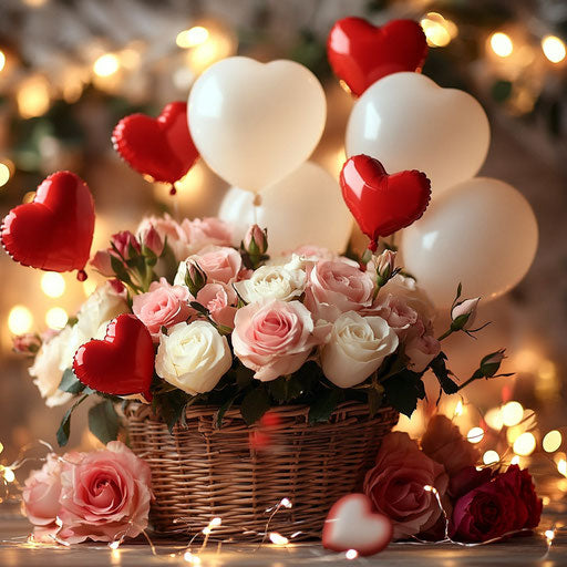 Hearts and flowers surround a basket of roses for Valentine's Day
