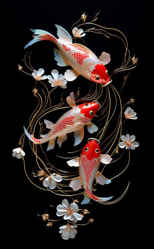 Embroidery of water fish and lotus koi on black background