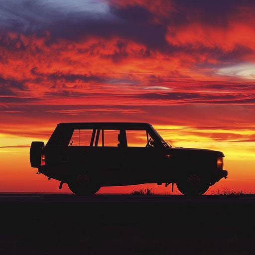 Silhouette of a 1980 Range Rover against a vibrant sunset, its iconic profile against the fiery sky, on a deserted highway.