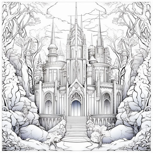 Coloring pages for kids of snow queen, gothic architecture style, shiny, rtx on, captivating, berrypunk, recycled, tranquil gardenscapes