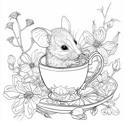 Mouse enjoying tea in a flower cup