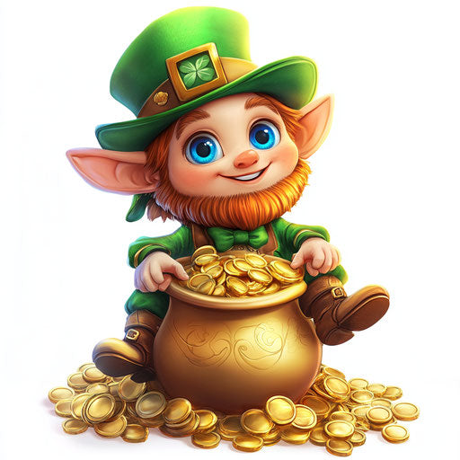 Adorable leprechaun on pot of gold, game character design