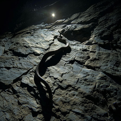 Shadow of rattlesnake on rocky terrain under full moon