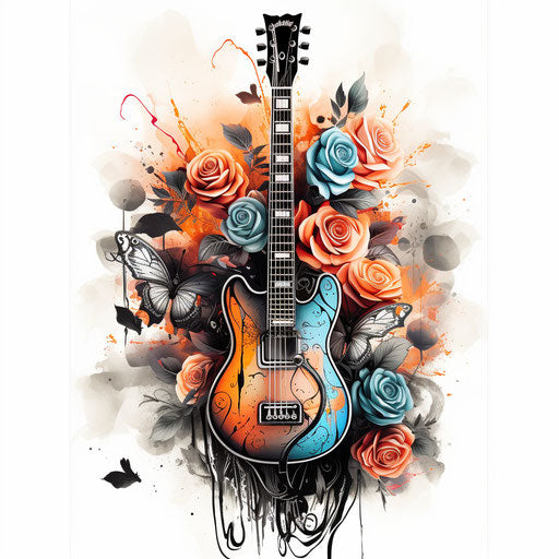 Electric Guitar with Roses and Butterflies Poster