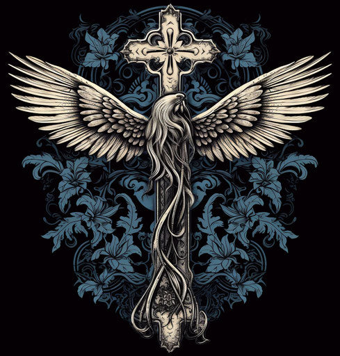 Christian cross with wings and tribal symbol, woodcut and linocut style, romantic graffiti, detailed anatomy, snake, rustic realism, illustration 73:76