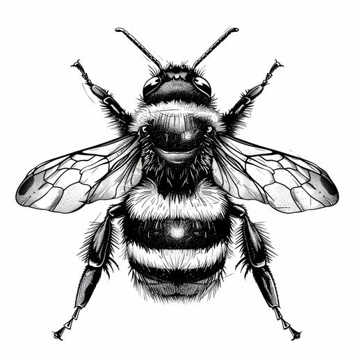 Elaborate black and white line art of a bumble bee
