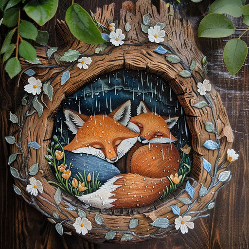 Foxes snuggled in a hollow log to escape the rain