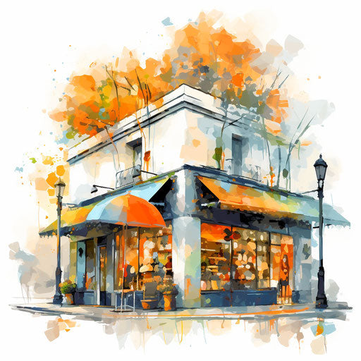 Shop illustration in the style of Impressionistic Art, on white background