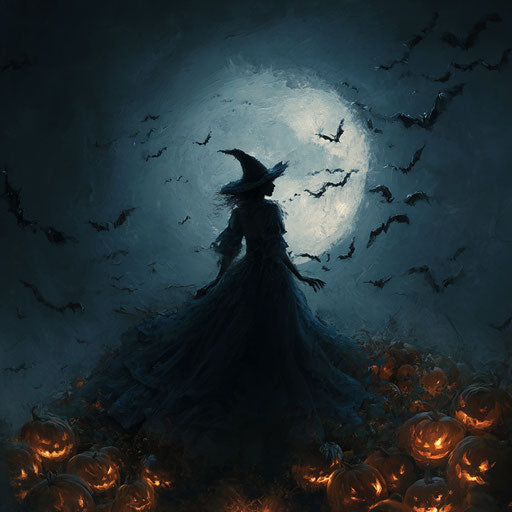 Witch in a dark gown by the full moon with pumpkins