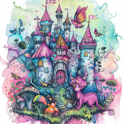 Fairy-tale castle with magical creatures in pastel colors