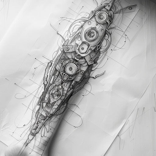 Tattoo sketch of biomechanical gears and circuits, full sleeve for men