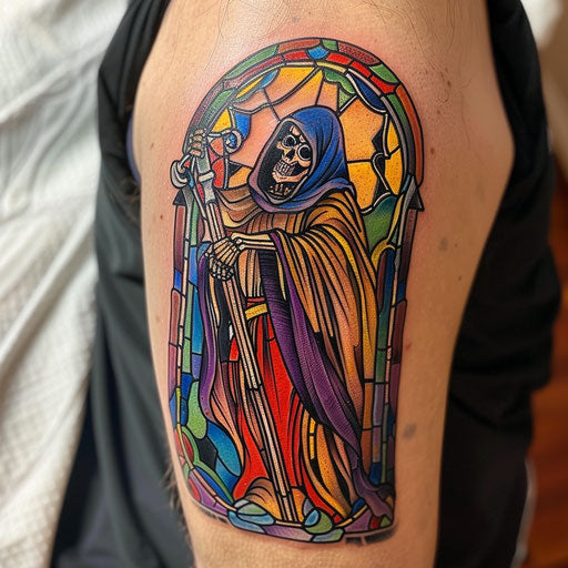 Stained glass style reaper tattoo with vibrant colors