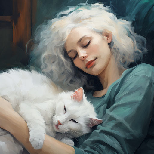 White cat asleep on a couch with its owner