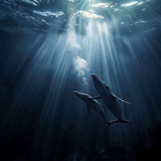 Whales diving deep with sun rays filtering through