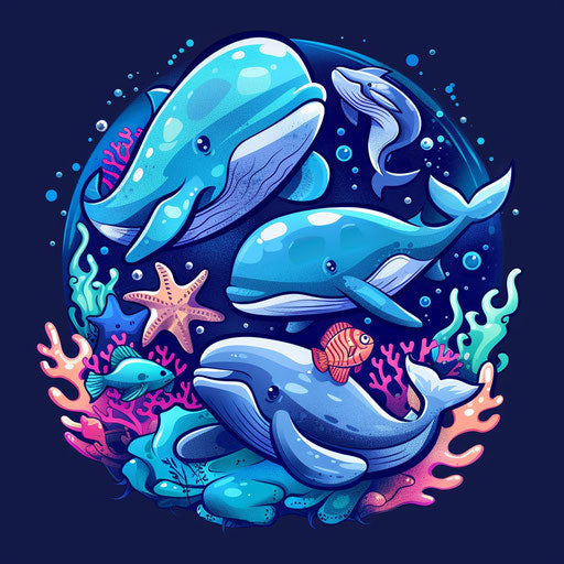Underwater cartoon logo with sea creatures and blue tones