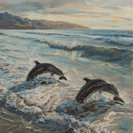 Two vaquita porpoises playing in gentle waves near coastline with distant mountains