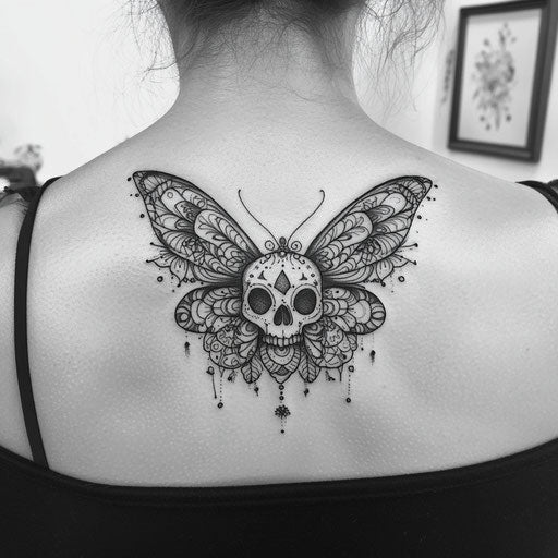 Skull butterfly tattoo on shoulder blade with mandala