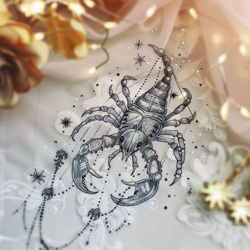 Sophisticated sketch of Scorpio constellation with delicate lace and soft gray shading