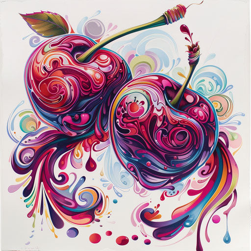 Psychedelic cherry tattoo with swirling patterns