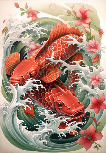 Traditional Japanese Koi Fish Tattoo-Inspired Red Green