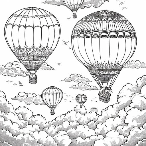 Hot air balloons in the clouds, coloring book page