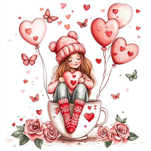 Cute girl in a coffee cup with heart-shaped balloons