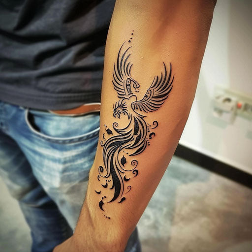 Cool tattoos for men featuring a tribal phoenix on the forearm