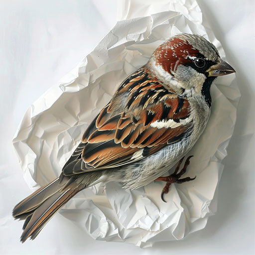 Hyper-realistic sparrow with detailed textures and shadows