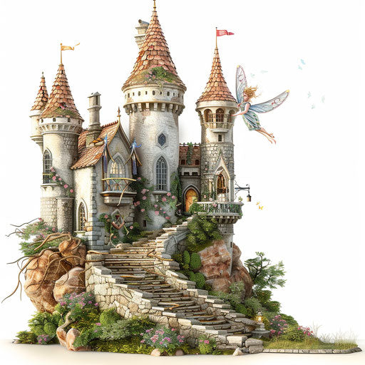 Fairy tale castle with fairy landing on castle