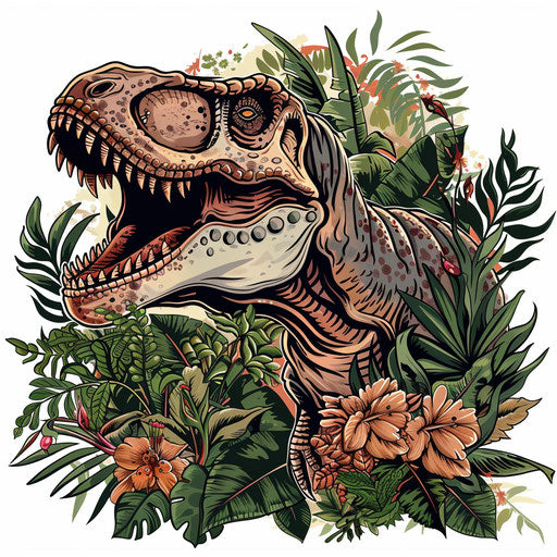 Classic flat tattoo sketch of a T rex with Jurassic foliage