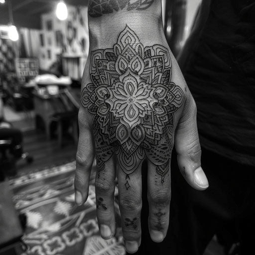 Hand tattoo of an intricate mandala