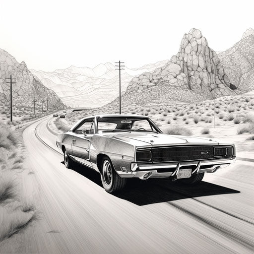 1970 Dodge Charger coloring page, in the style of Kodak Professional Tri-X 320, found object inspired, outrun, unbelievably beautiful