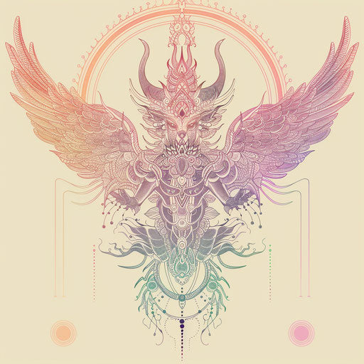 Ethereal flat tattoo sketch for a Sak Yant tattoo featuring a winged creature in light pastel colors in clipart style
