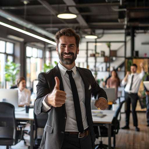 Success in the office with an energetic team in the background
